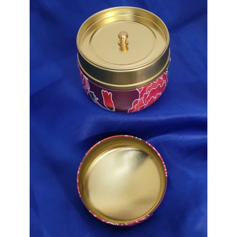 Metal tea storage canister with floral design, double-lid airtight container
